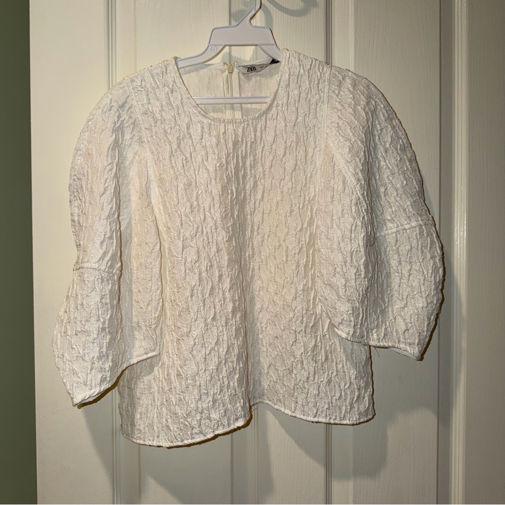 Zara White Textured Balloon-Sleeve Blouse